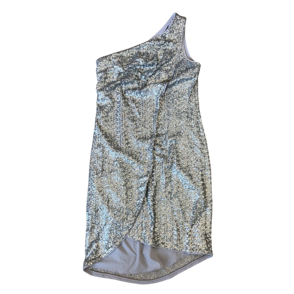 Halston Heritage Silver Sequin One Shoulder Cocktail Dress‎ SZ: 6